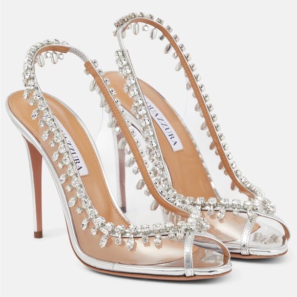 Aquazzura Crystal Temptation embellished metallic leather PVC slingback Heels - Picture 9 of 13
